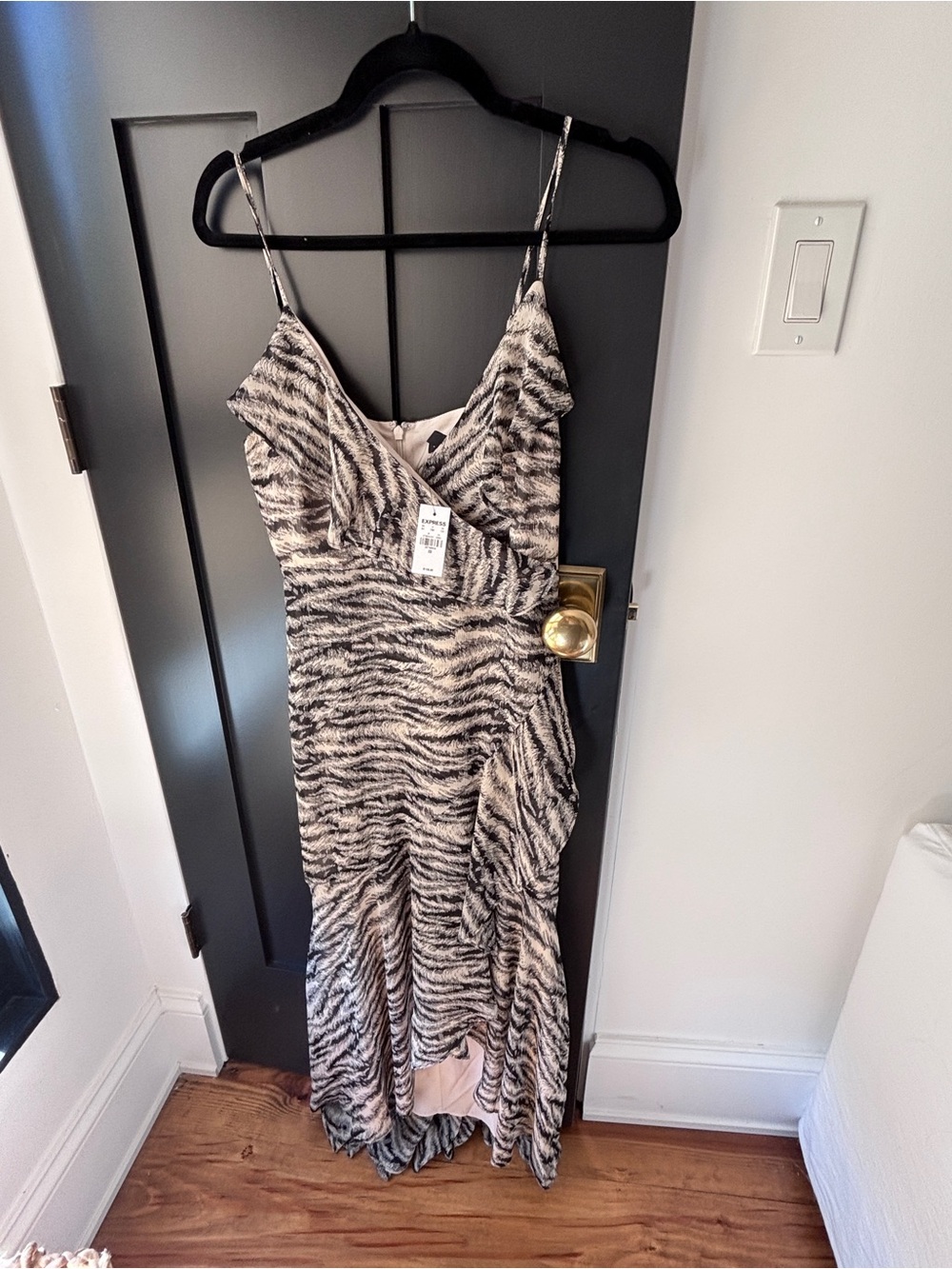 Express Black & Cream Zebra-Print High-Low Maxi Dress